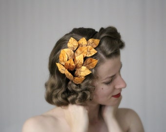 Fall Headband, Leaf Hair Accessory, Orange Leaves Headpiece, Autumn Fascinator, 1950s Hair Piece, Vintage - "The Golden Forest"