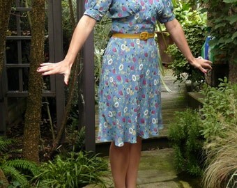 1930s Bias Cut Dress // Vintage Style Short Sleeve Dress // Vintage Floral Rayon Crepe Fabric //Custom Made to Order