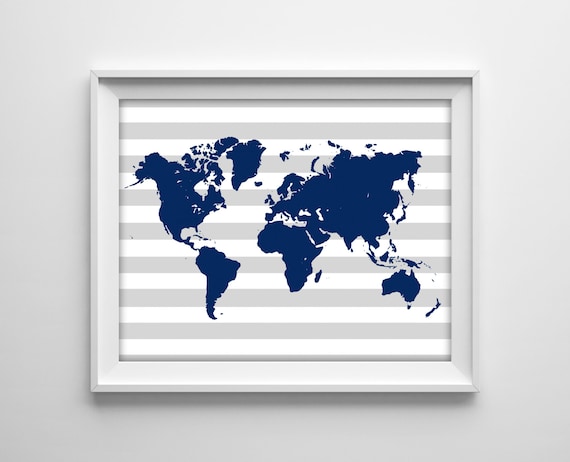 World Map Nursery Print - Navy Blue and Gray Stripes Map Silhouette - Travel Nursery - Modern Boy's Nursery Decor - SKU: 120-N