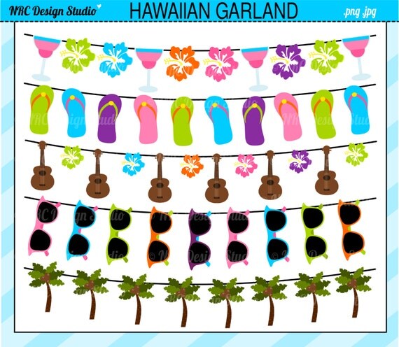 Summer Clip Art - Hawaiian Garland Bunting Clip Art - Digital Hawaii Clipart - Flowers, Flip Flops, Guitar, Sunglasses, Palm Tree Il_570xn