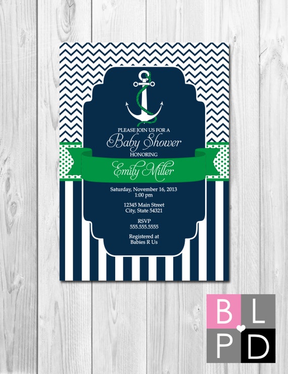 Nautical Baby Shower Invitation - Ahoy Its A Boy - Navy Fill and Green - Chevron Stripes and Stripes - DIY - Printable Il_570xn