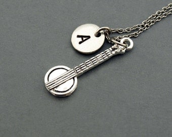 Banjo necklace, string instrument, initial necklace, initial hand stamped, personalized, antique silver, monogram