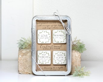 Christian Magnets. Scripture Refrigerator Magnets 1.25 CONTENTMENT Collection. Concrete Magnets. Gift Tin with Ribbon.