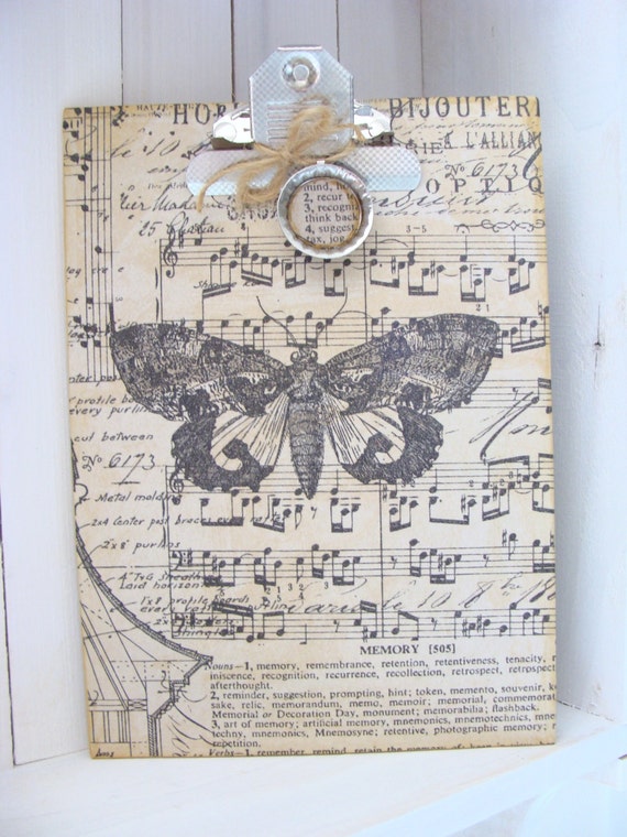 Altered Clipboard Vintage Inspired Moth Butterfly Print Mini Clip Board Mixed Media Art Altered Art