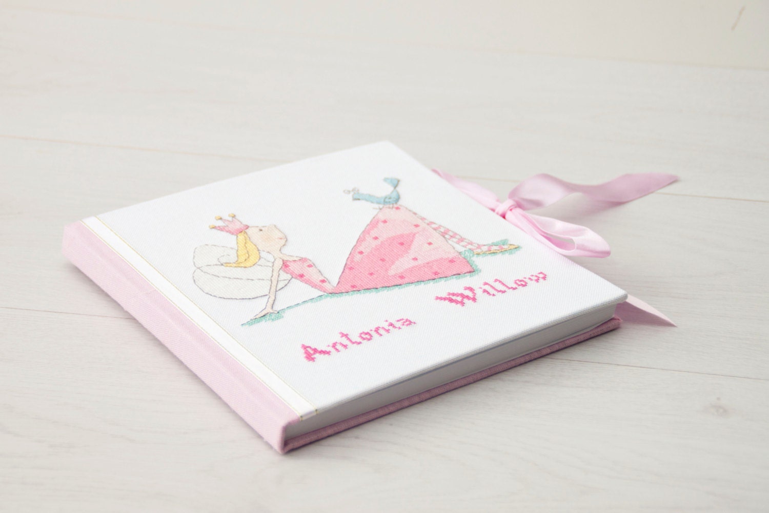 Personalized baby girl memory book natural white and pink linen