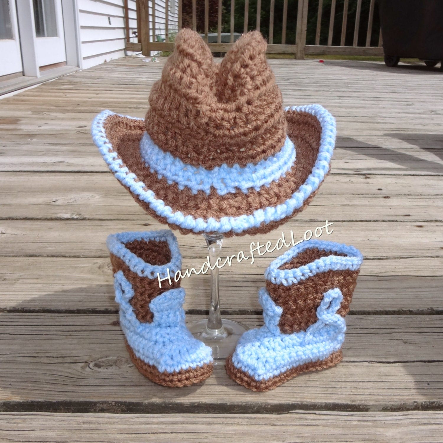 Crochet Newborn Cowboy Hat Boots Photo Prop Outfit Baby Set
