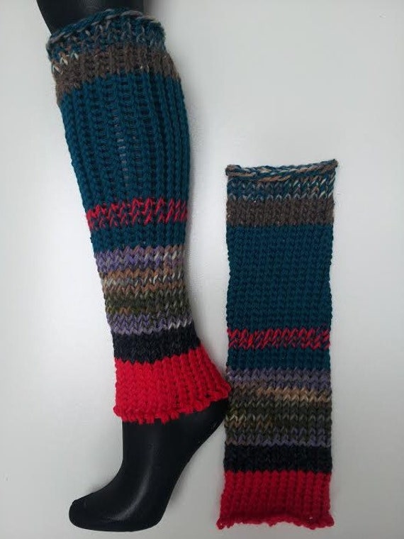 Hand knitted leg warmers dance teal tan brown red by LoomOfAFruit