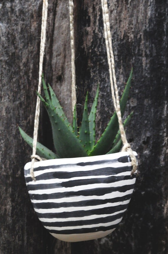 Black White Hand Painted Stripe Hanging Planter / Hanging