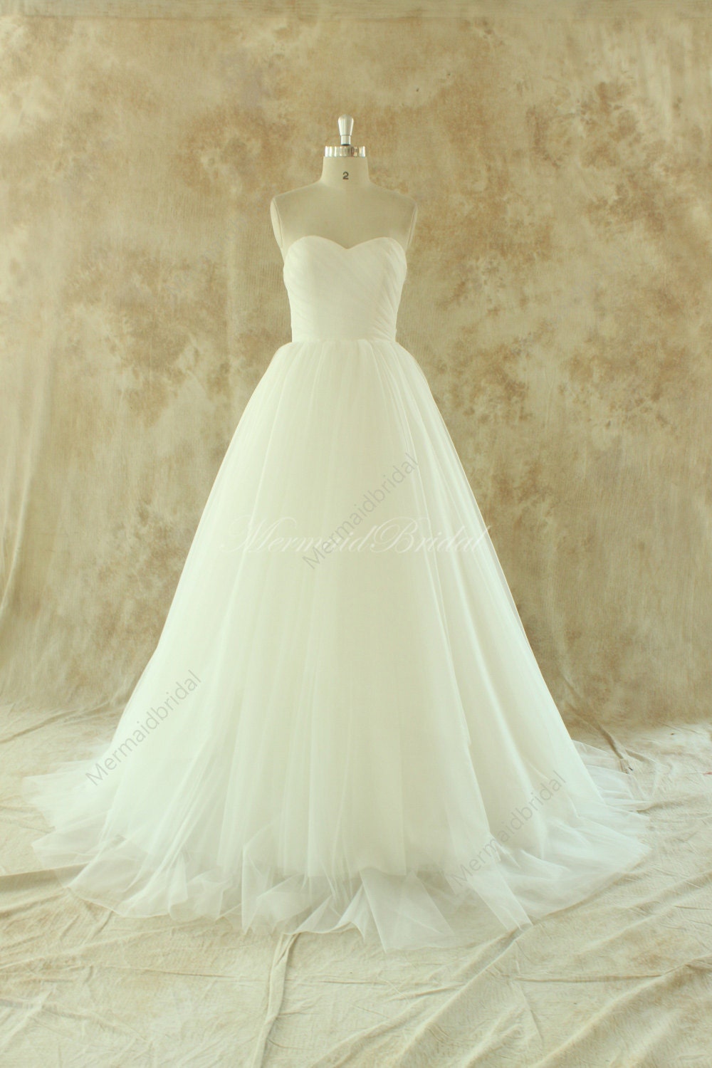 Ivory lace A line tulle wedding dress with removable train
