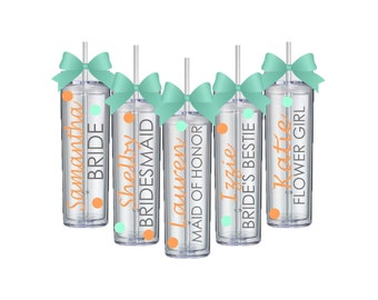 8 Skinny Personalized Bridesmaid Tumblers, Wedding Party Acrylic Tall Tumblers - Set of EIGHT