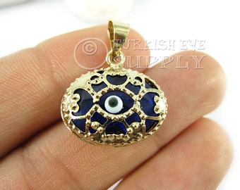 1 pc Gold Fretworked Oval Evil Eye Pendant, Translucent Navy Blue Glass Evil Eye Charm, Gold Plated Turkish Jewelry