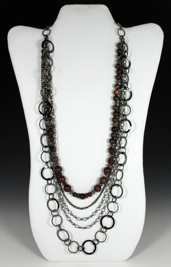 Multi-Strand Chain Necklace with Poppy Jasper Gemstones, Chain Necklace, Jasper Necklace