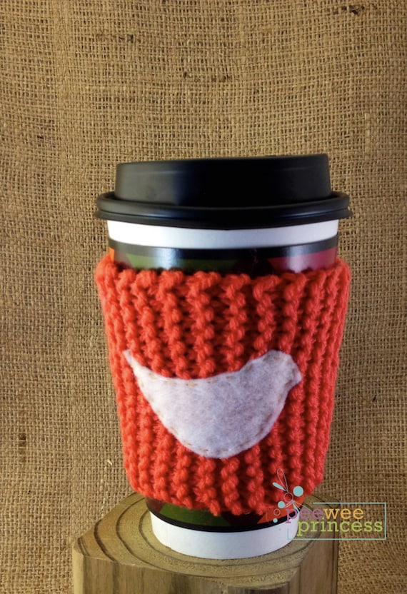 Coffee Cup Cozy in tangerine with Bird