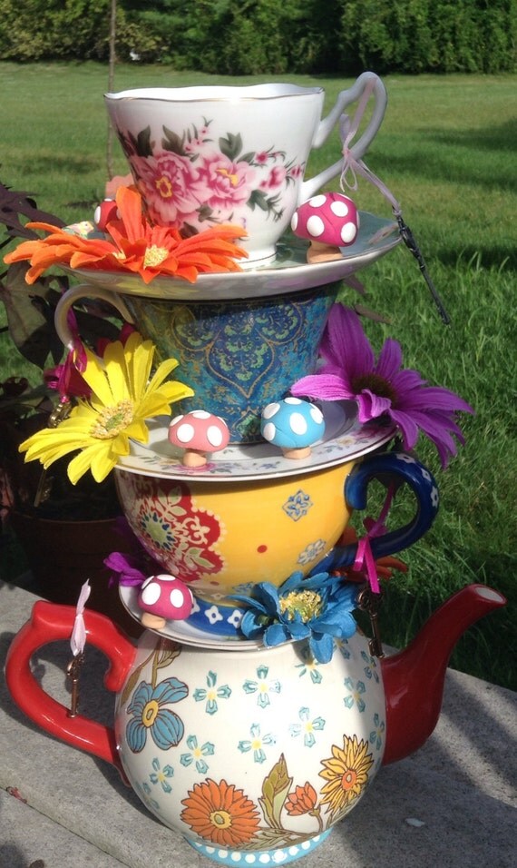 TALL 15 Whimsical Stacked Teapot & Teacup by EdieSChicCrafts