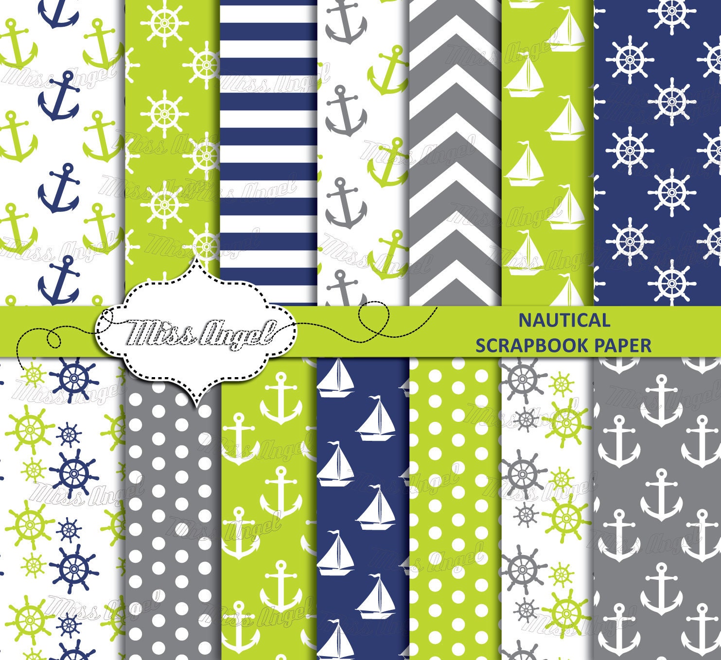 Nautical Scrapbook Lime Grey Navy Paper. Digital sheets set