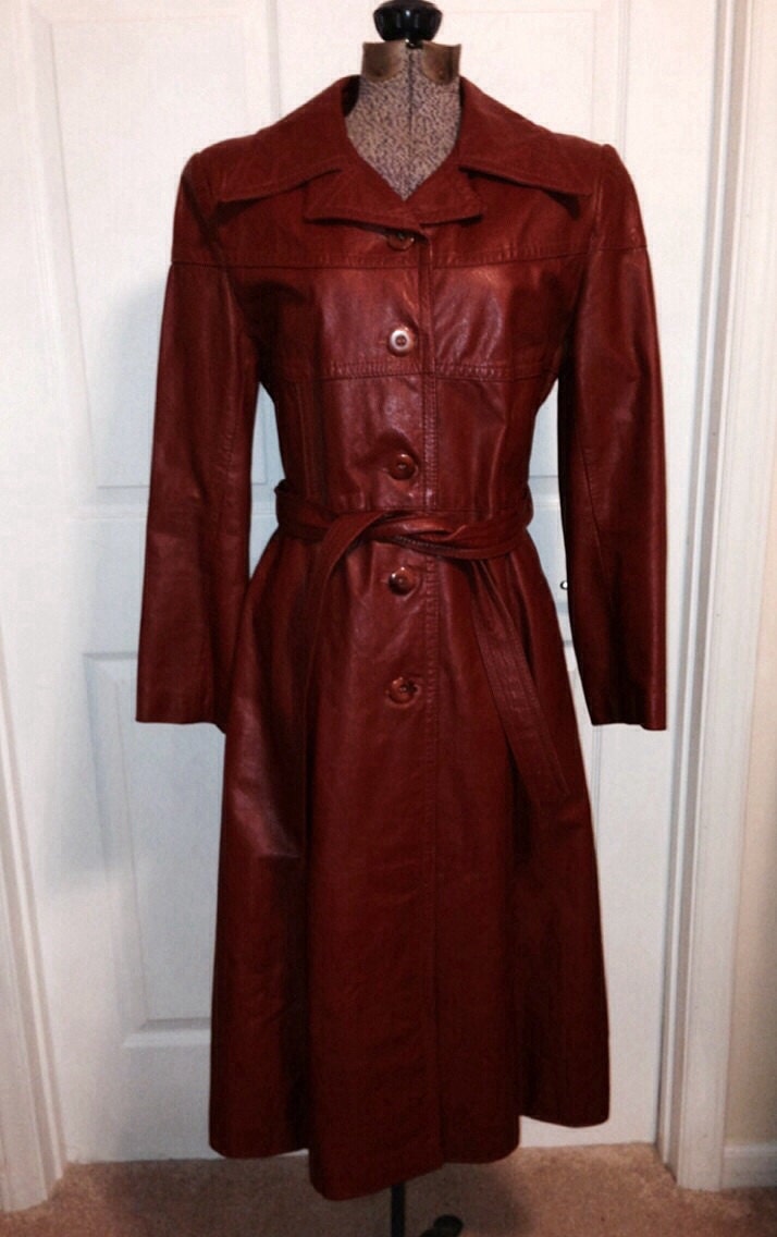 70s Brown Leather Trench Coat Vintage Womens a by VintageCrazyGirl