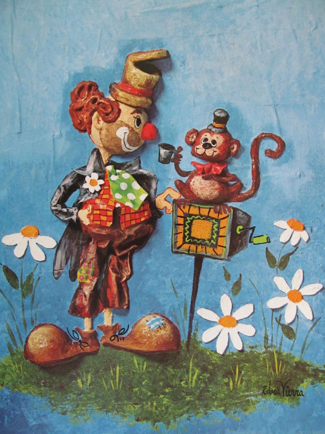 vintage edna vierra print of clown with organ grinder and vintage edna vierra print of clown with organ grinder and