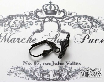 Leverback Earring Finding Earwires Shell Up Fancy 15mm Aged Black Antiqued Brass - Noir Aged Black Brass Patina Findings - 8pcs