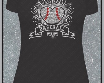 Baseball Mom Heart Banner Bling Rhinestone Shirt, Mom Bling Spirit ...