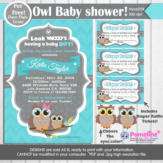 Duo: Invitation and Diaper raffle tickets! Turquoise owl baby shower ...