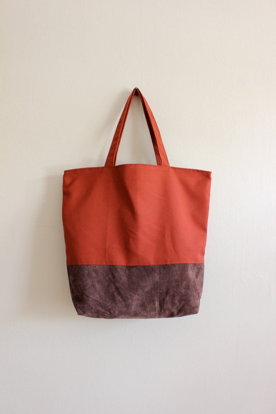 Repurposed Suede and Canvas Large Tote Bag  Rust  Brown