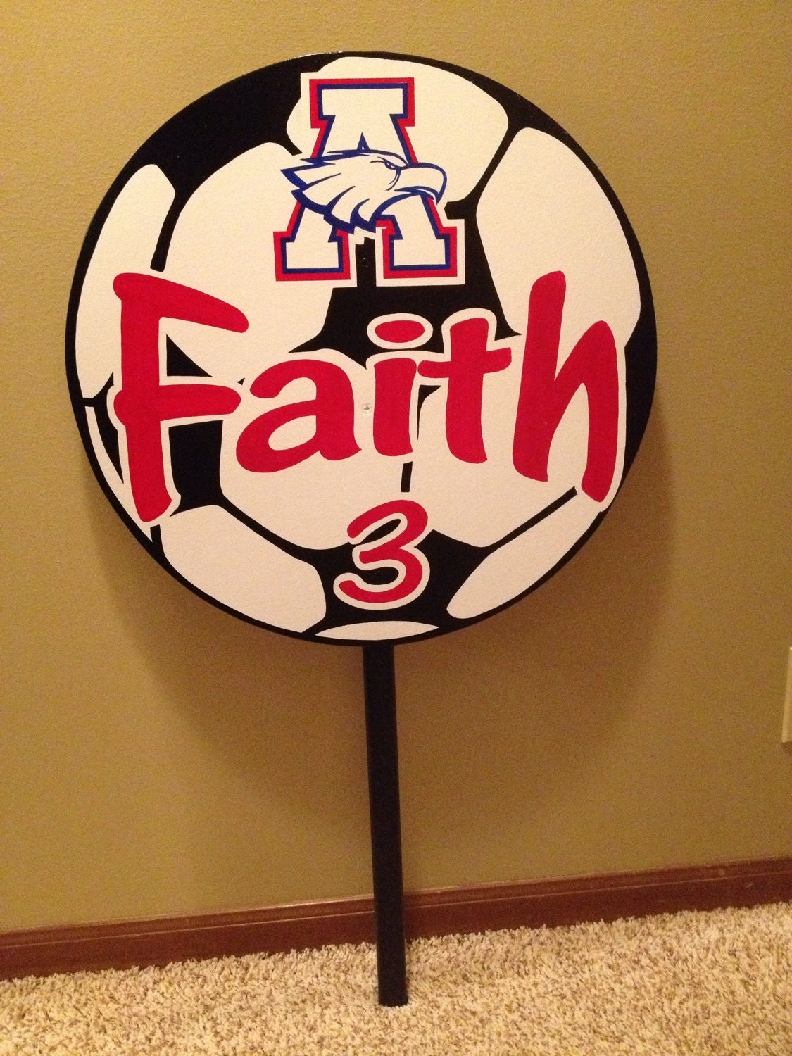 Soccer ball yard sign 16 mounted on a 3' stake by DandRSigns