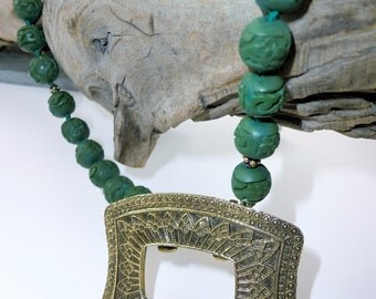 Unique vintage shoe buckle necklace with Indonesian green cinnabar ...