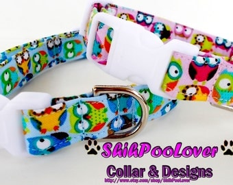 Awesome Blue or Pink Owls All Over Adjustable Dog or Cat Collar (Matching Leash Available)