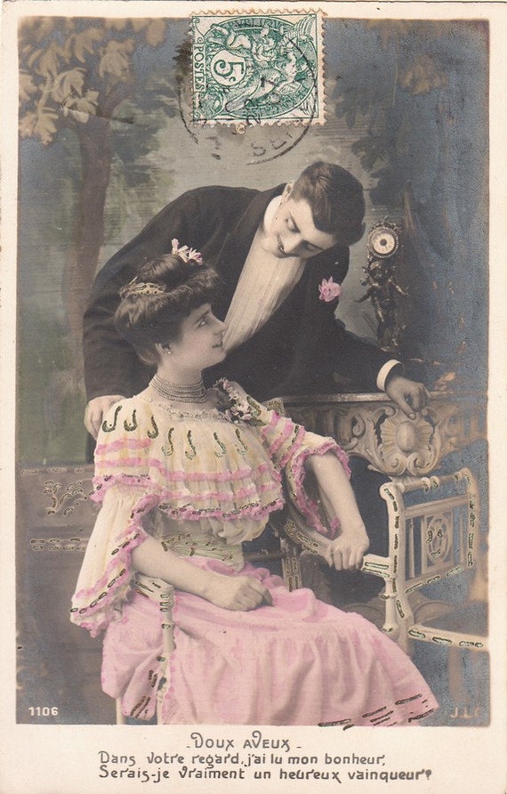 Love postcard . French antique lovers postcard . Romantic