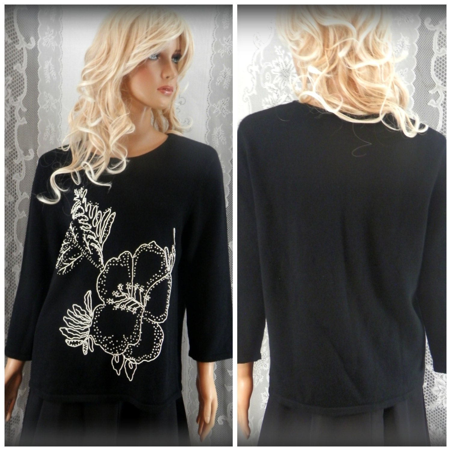 Black sweater, Floral sweater, Warm sweater, Beaded sweater, Women’s