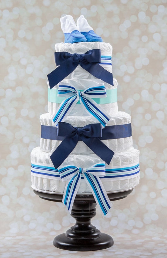 Items similar to Baby Boy Diaper Cake 4 tier Navy Blue with light Blue