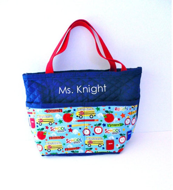 Navy Quilted Teacher Tote Bag with School Fabric