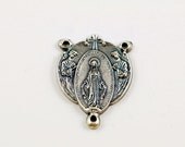 Lady of Grace Center Rosary Medal Silver Oxidized Angel Cross