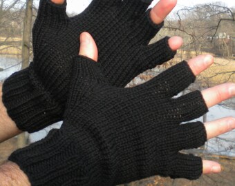Half Finger Gloves Men's Hand Knit Black Merino Wool Half Finger Gloves Black Men's Hand Warmers Black Merino Wool Men's Half Finger Gloves