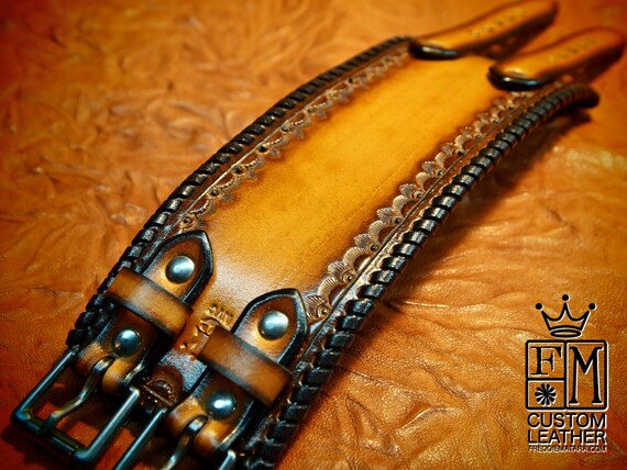 Leather Wristband cuff bracelet Custom Brown sunburst Hand stamped and Laced Made for YOU in NYC by Freddie Matara