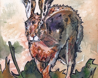 Spring Hare - Print of Watercolor and Ink Painting of Rabbit in Grass - Illustration Reprodcution by Jen Tracy
