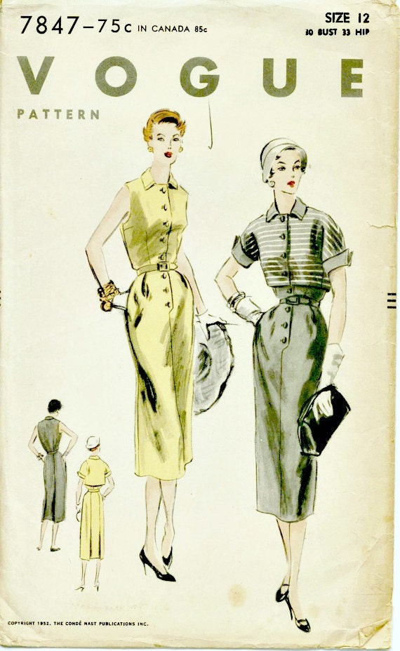 dress pattern sheath vogue 1952 Fashion Pattern Dress Bolero with High Sheath 7847 VOGUE 1950's