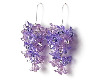 Lilac Flower Earrings, Purple Swarovski Crystal Cascading Lilac Clusters, Silver Earrings, Spring Lilac Jewelry, Romantic Lilac Wedding Gift