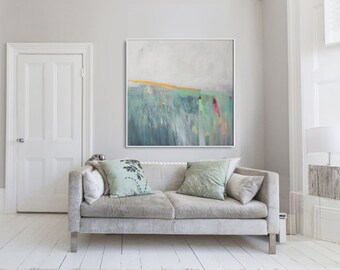 GREEN ABSTRACT painting print, Giclee, Fine Art Print, yellow, pink, modern painting, landscape "Turn Left at the Pitch"