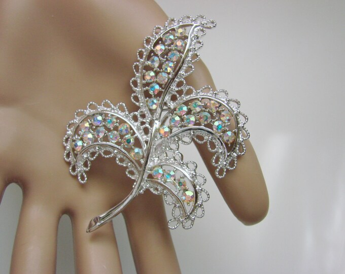 Emmons Rhinestone Lace Filigree Brooch / Designer Signed / Aurora Borealis / Bridal Wedding / Jewelry / Jewellery