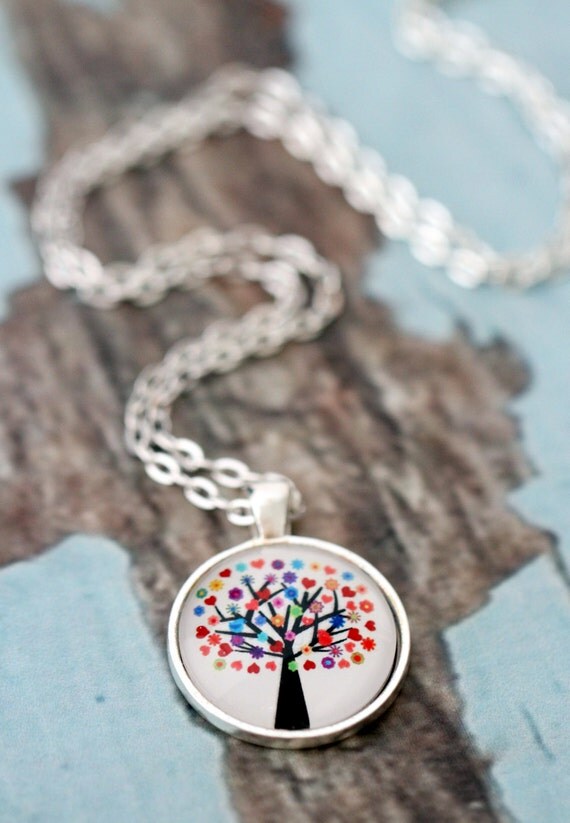 FREE SHIPPING Rainbow Tree. Glass necklace in silver or bronze.