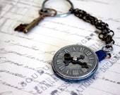Educational pocket watch keychain with a real antique key  -Grandma's trinket series-