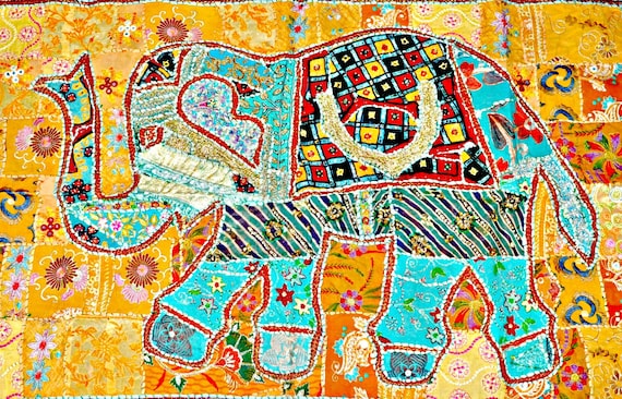 Indian Wall Hanging elephant tapestry /Indian home decor/ applique patchwork Table Cloth runner /animal wall Hanging tapestry antique art