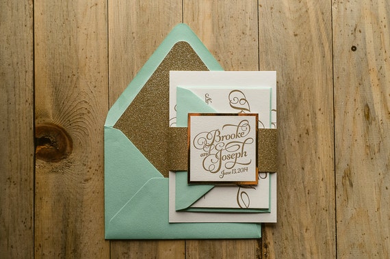 Mint & Gold Glitter Letterpress Wedding Invitation, Gold Glitter Wedding Invite, Calligraphy Invitation, Mint Invitation - Sample Set
