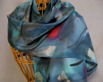 Silk Scarf "Teal Brushstroke", Hand Painted Silk Scarf