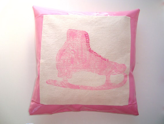 Figure skating pillow, skater pillow, Winter Olympics, small pillow, oil cloth, pink, 10 x 10"