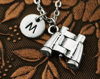 Binoculars Necklace, Initial Necklace Personalized Necklace, Engraved Necklace, Opera Glasses Necklace, Monogram Necklace, Charm Necklace