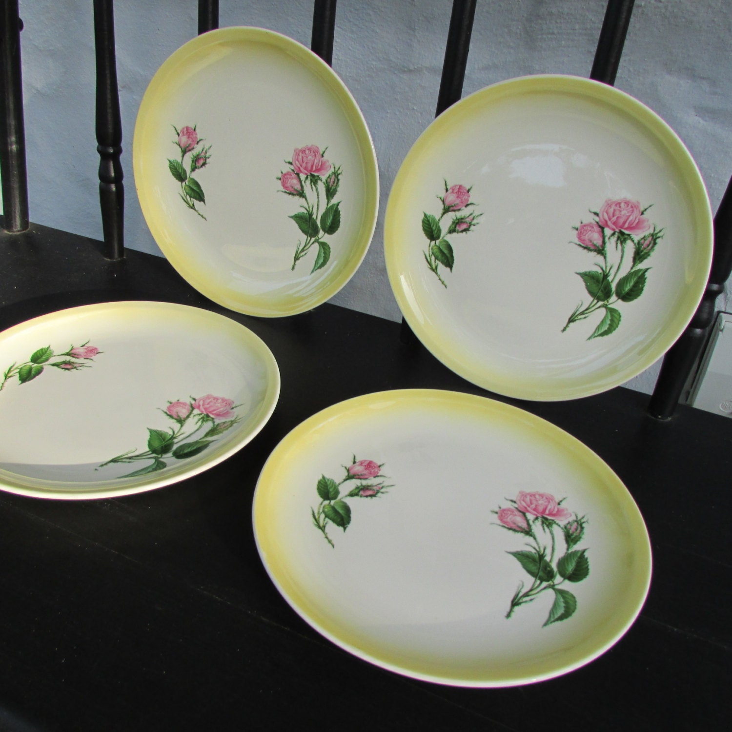 Vintage Paden City Pottery Plates Pink Moss Rose Pattern Shabby Cottage