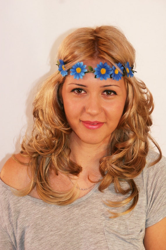 Blue Daisy Bohemian Flower Crown, Gifting, Present, Stocking Stuffer, Colorful, Boho, Artistic Design (CRW-101)