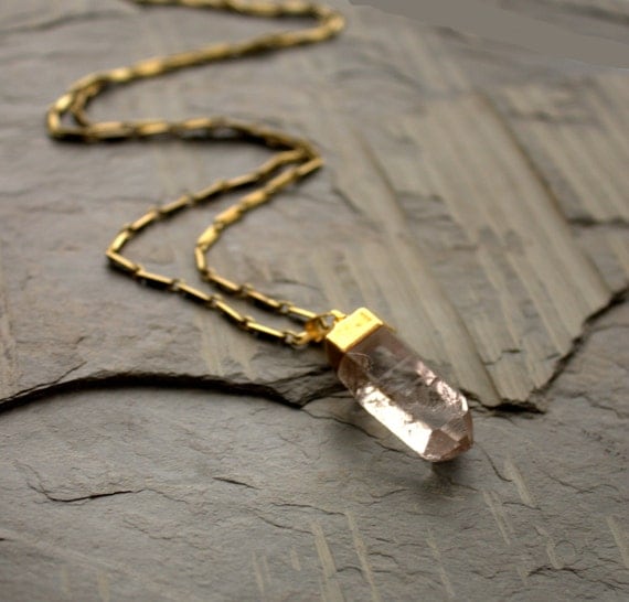 Crystal Point Necklace, Long Pendant Necklace, Raw Stone Jewelry, Gold Brass Chain Earthy Crystal Pendant Quartz Point Necklace Raw Crystal